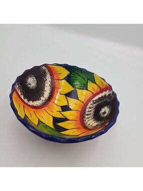 Hand Painted Talavera Mexico Red and Yellow Sunflowers Footed Pottery Bowl 5.5"